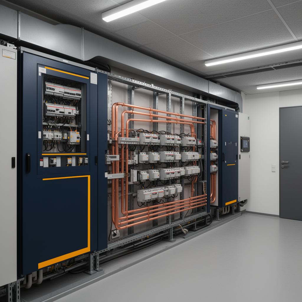 Industrial switchgear panel installation with copper bus bars and circuit breakers
