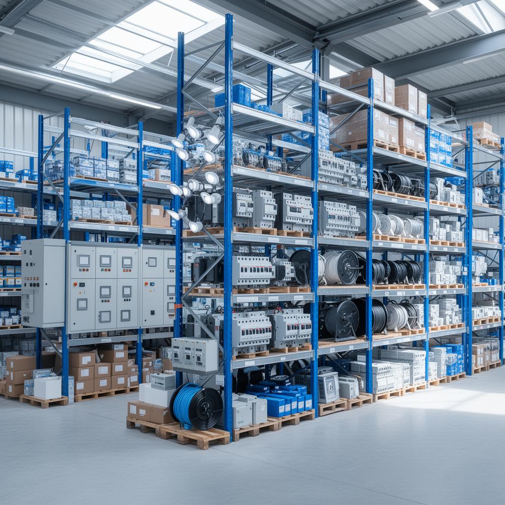 Electrical goods trading warehouse stocked with switchgear, cables and lighting fixtures